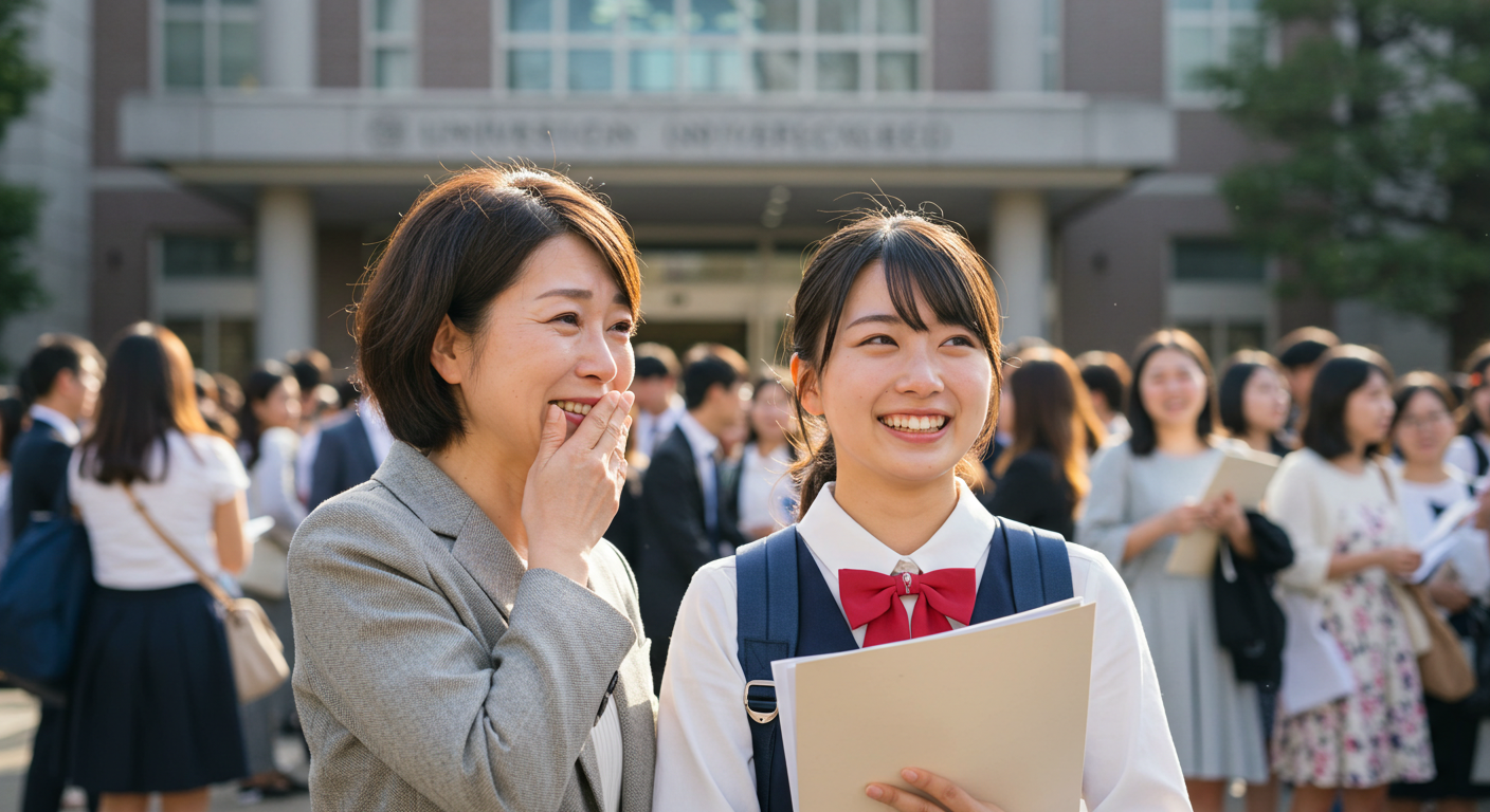 合格を喜ぶ高校生とお母さん
